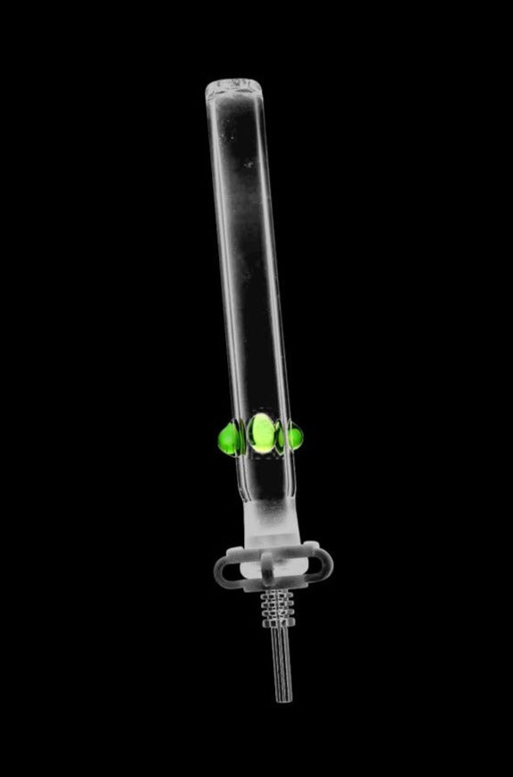 Vertical studio shot of the Classic Glass Honey Vapor Straw Collector showing a clear glass tube with three small green glass accents near the center against a black background.