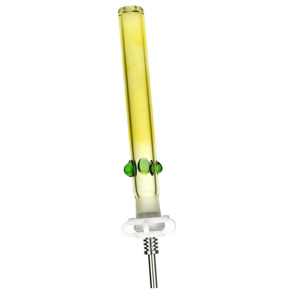 Vertical close-up of the Classic Glass Honey Vapor Straw Collector showing its yellow-tinted glass tube with three green glass knobs and a metal tip against a white background