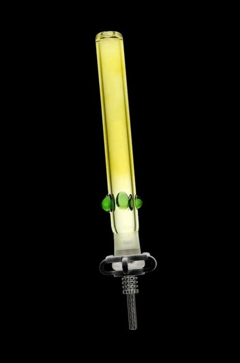 Centered vertical view of the fumed Classic Glass Honey Vapor Straw Collector against a black background, showing its translucent yellow tube, three green glass knobs, and the clear connection joint.