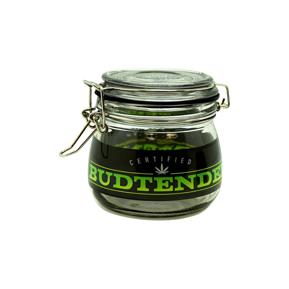 Front three-quarter view of the Dank Tank "Budtender" Airtight Glass Storage Jar with metal clamp lid and black label reading BUDTENDER.