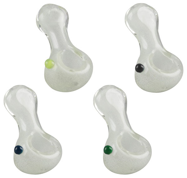 A front view of the Glow Pinch Tip Spoon Hand Pipe, showing the curved glass pipe with a rounded tip against a plain white background.