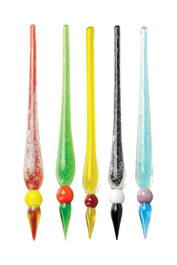 Row of five slender, glitter-filled Glow in the Dark Dabber Tool sticks in red, green, yellow, black and blue, shown upright on a white background.