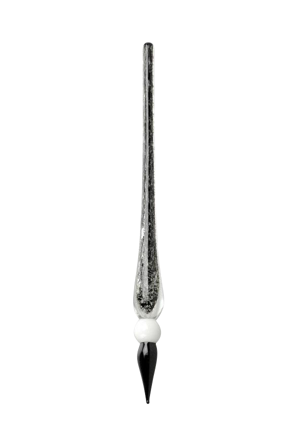 Top-down view of the Glow in the Dark Dabber Tool showing a long tapered glass shaft with silver flecks, a white bead accent, and a pointed black tip
