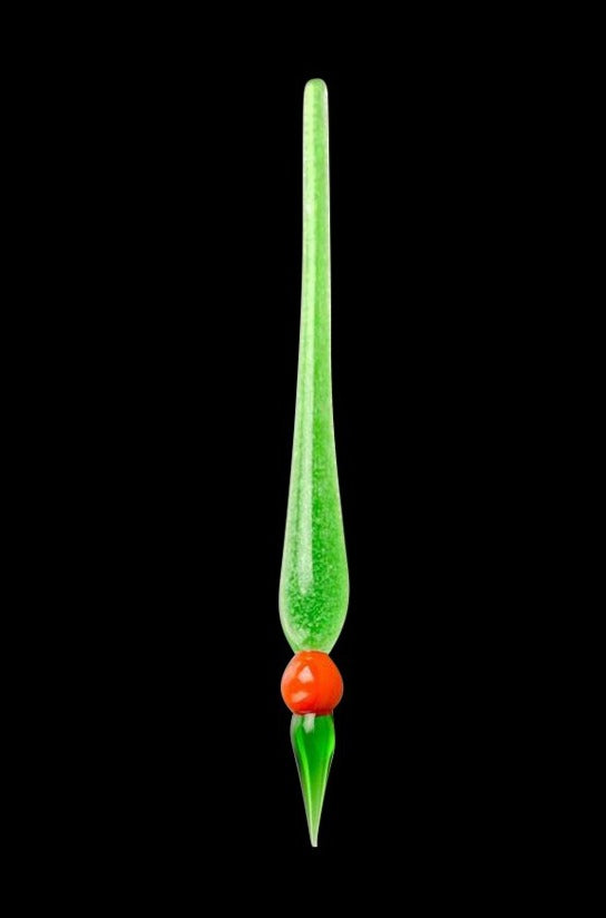 Studio-lit vertical view of a neon green Glow in the Dark Dabber Tool with a small red bead accent against black.