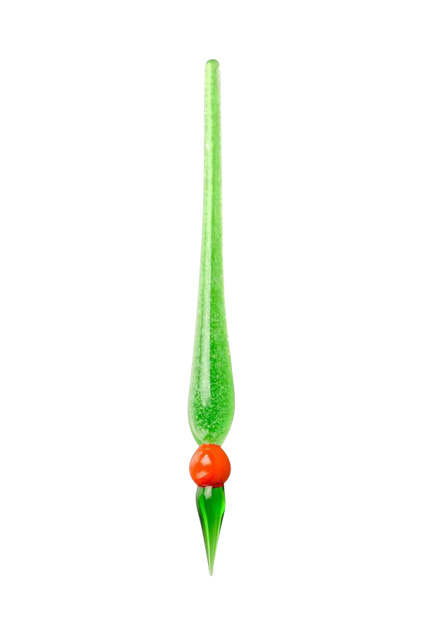 Vertical studio shot of a glowing green glass tool with an orange bead tip, the Glow in the Dark Dabber Tool centered on a white background