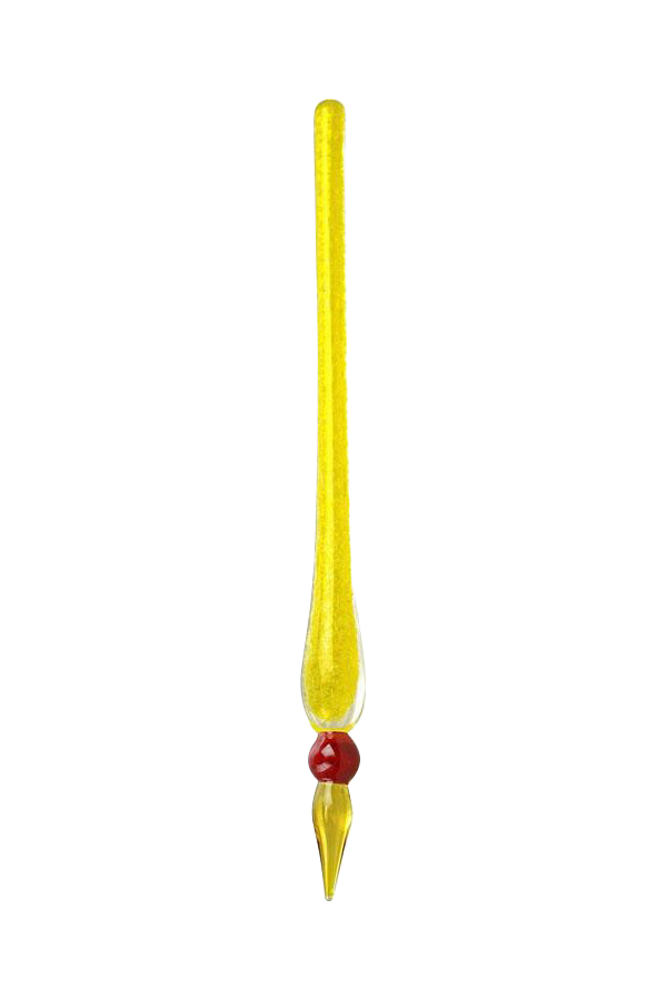 Top-down view of a slender yellow glass Glow in the Dark Dabber Tool with a red glass bead near its tapered tip on a white background