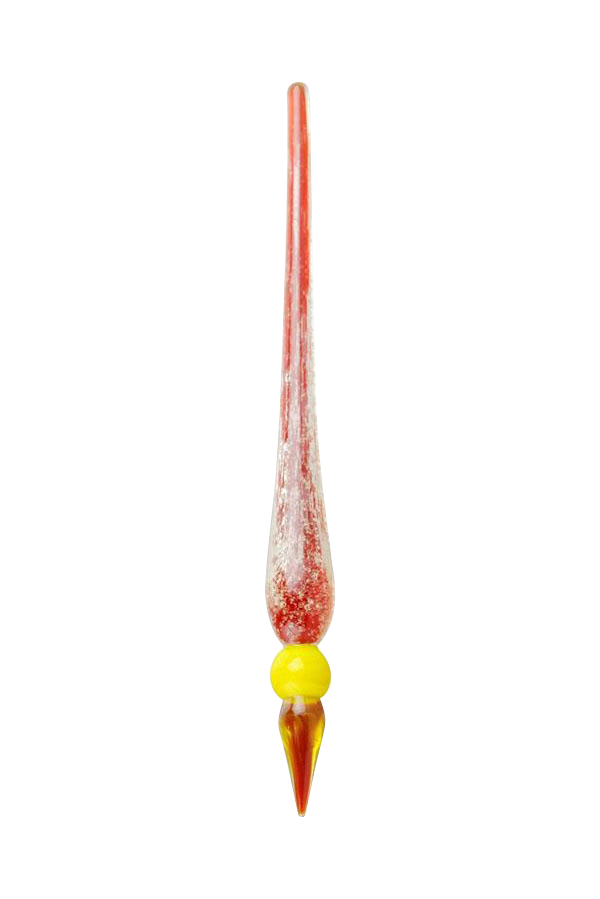 Vertical close-up of a red, glittery glass stick with a yellow bead at its base, the Glow in the Dark Dabber Tool.