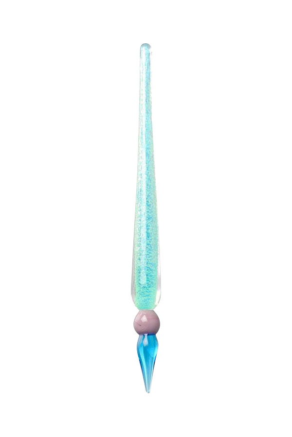 Vertical studio shot of a glowing turquoise glass Glow in the Dark Dabber Tool with a round lavender bead and pointed blue tip.