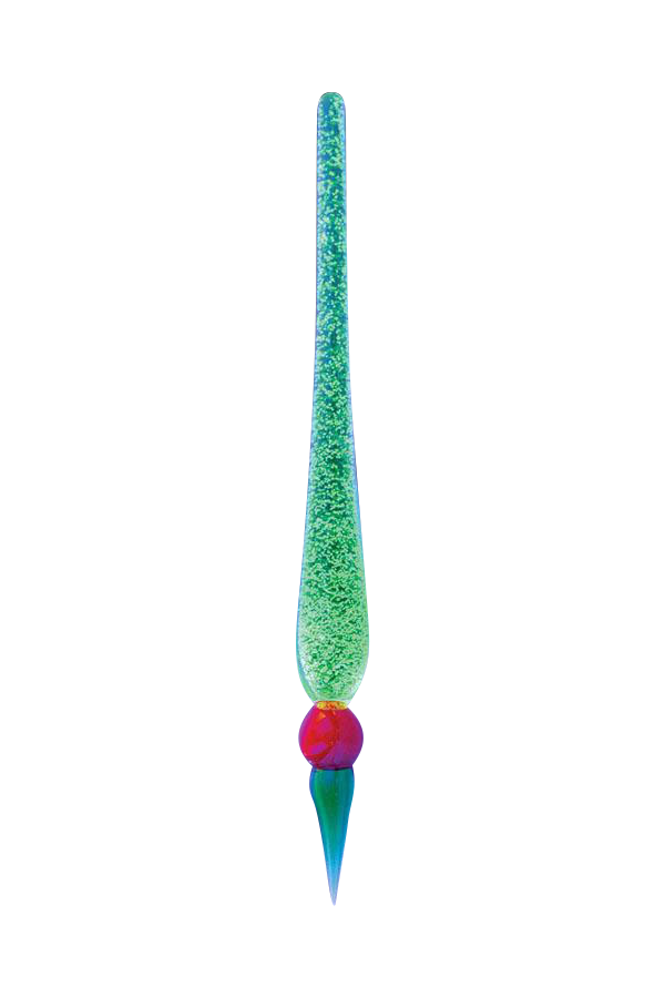 Vertical studio shot of a glowing green-tinted Glow in the Dark Dabber Tool with a red glass bead near its tapered tip.