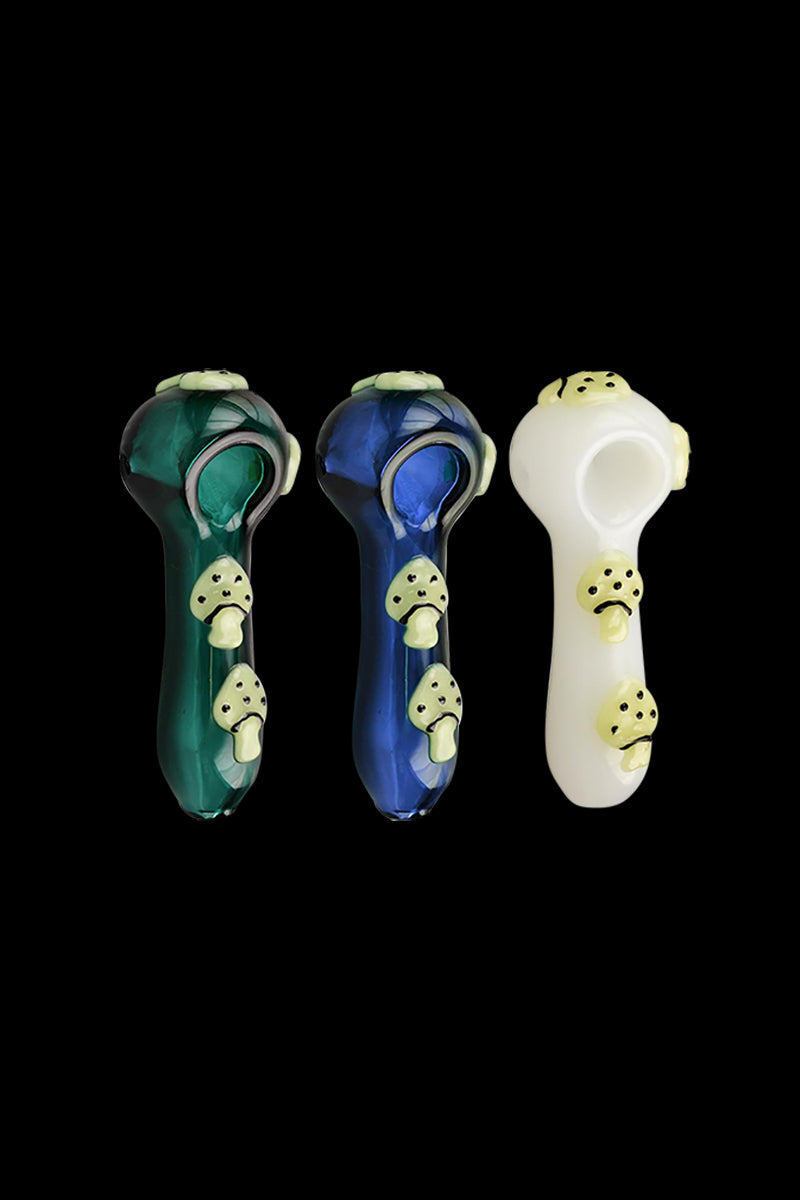 Front view of the Glow in the Dark Mushroom Spoon Pipe, featuring a dark glass bowl with glowing mushroom detailing.