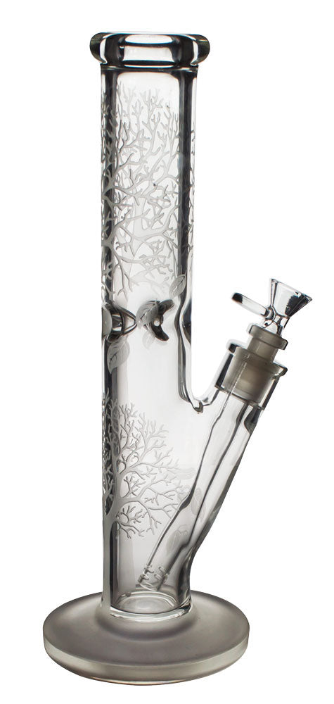 Front view of the Glow in the Dark Tree Water Pipe, a tall glass piece with etched tree branch details.