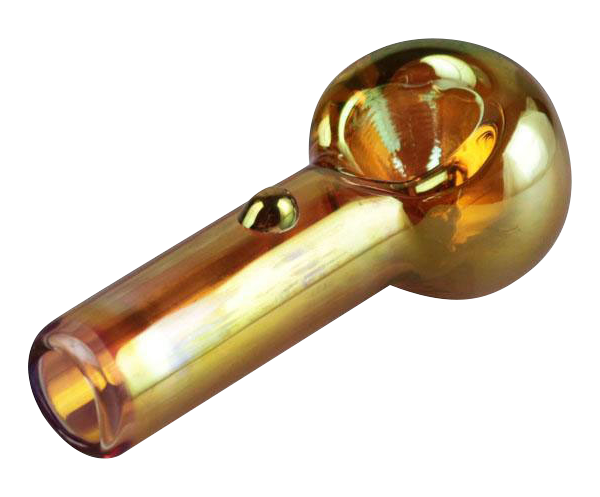 A close-up, angled view of the Gold Fumed Hand Pipe, showcasing its smooth glass form and subtle golden sheen.