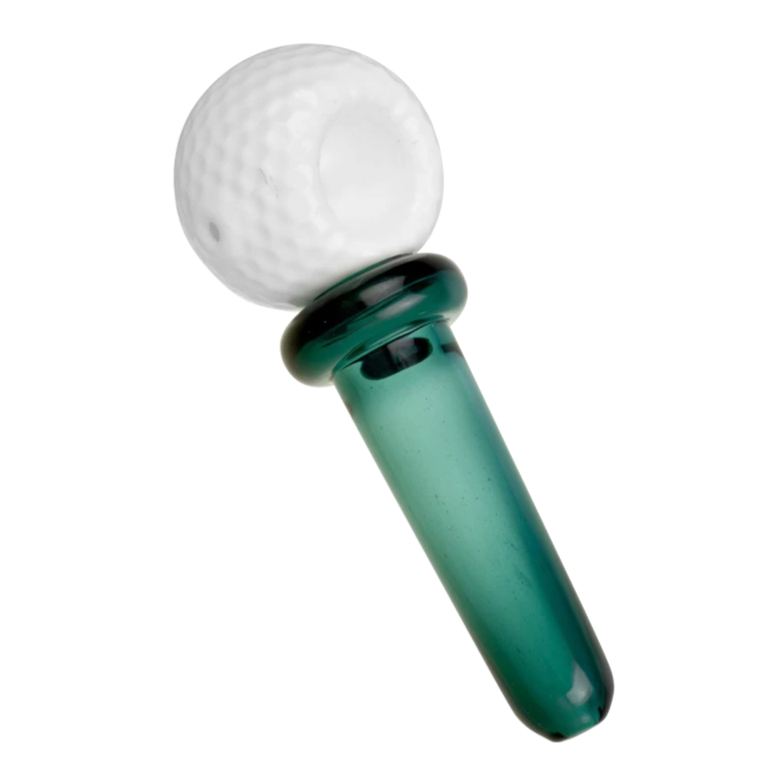 Front view of the Golf Ball & Tee Glass Hand Pipe, resembling a golf ball on a tee, with a clear glass construction.