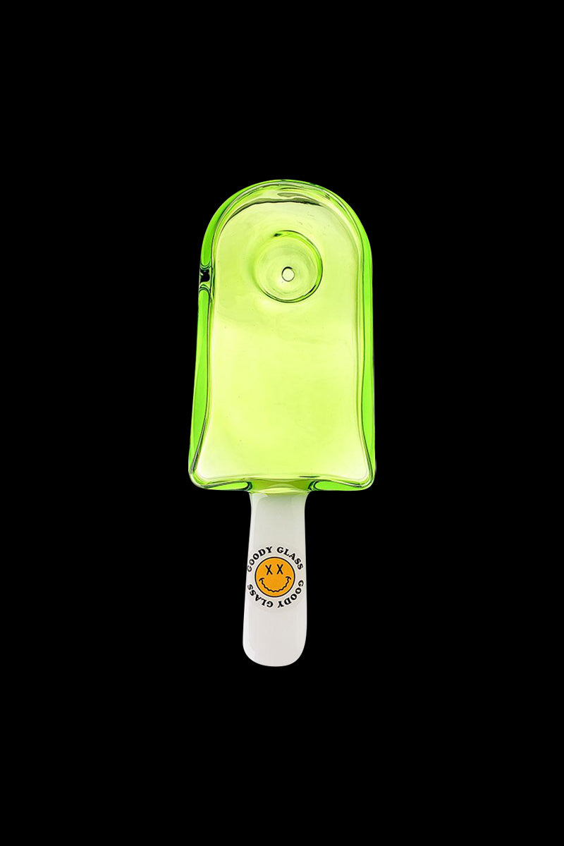 A front view of the Goody Popsicle Hand Pipe, resembling a colorful, translucent popsicle against a plain white backdrop.