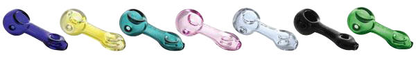 Row of seven glass GRAV® Mini Spoon Pipe handpipes in blue, yellow, teal, pink, clear, black, and green shown from a slight top-side angle on a white background.