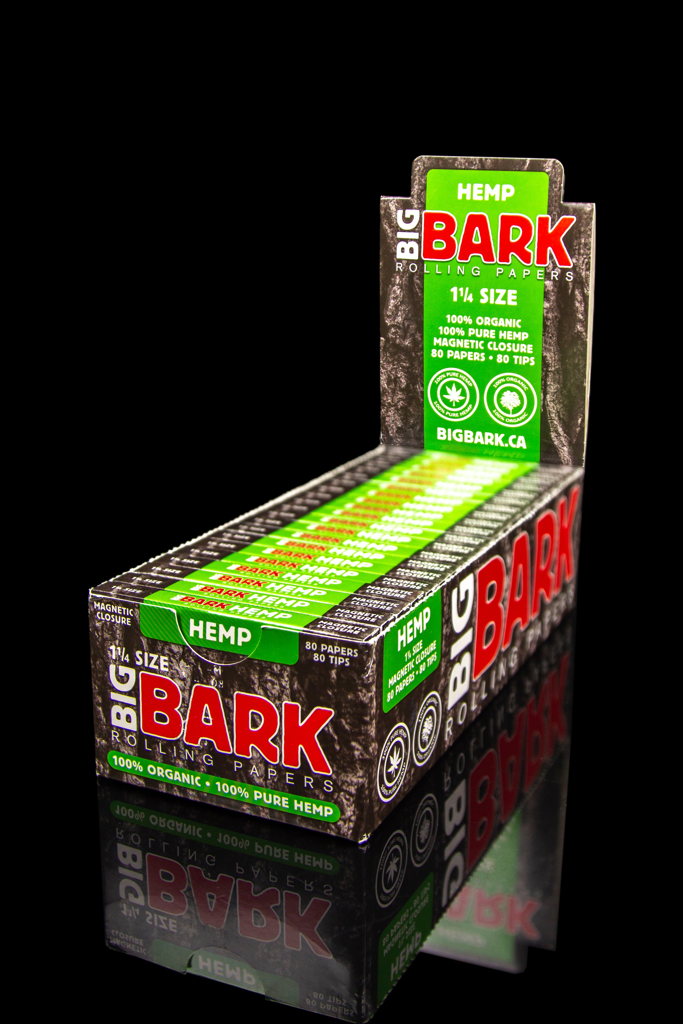 Pack of “Big Bark” 1 ¼ size organic hemp rolling papers with 80 papers and tips, displayed against a black background.