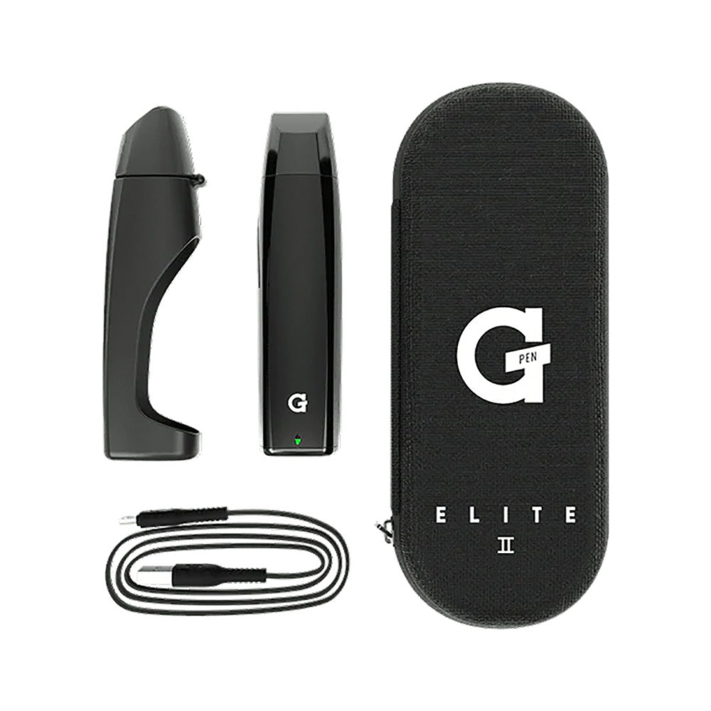 Front view of the G-Pen Elite II Herb Vaporizer, a black, cylindrical device displayed next to a coiled charging cable.