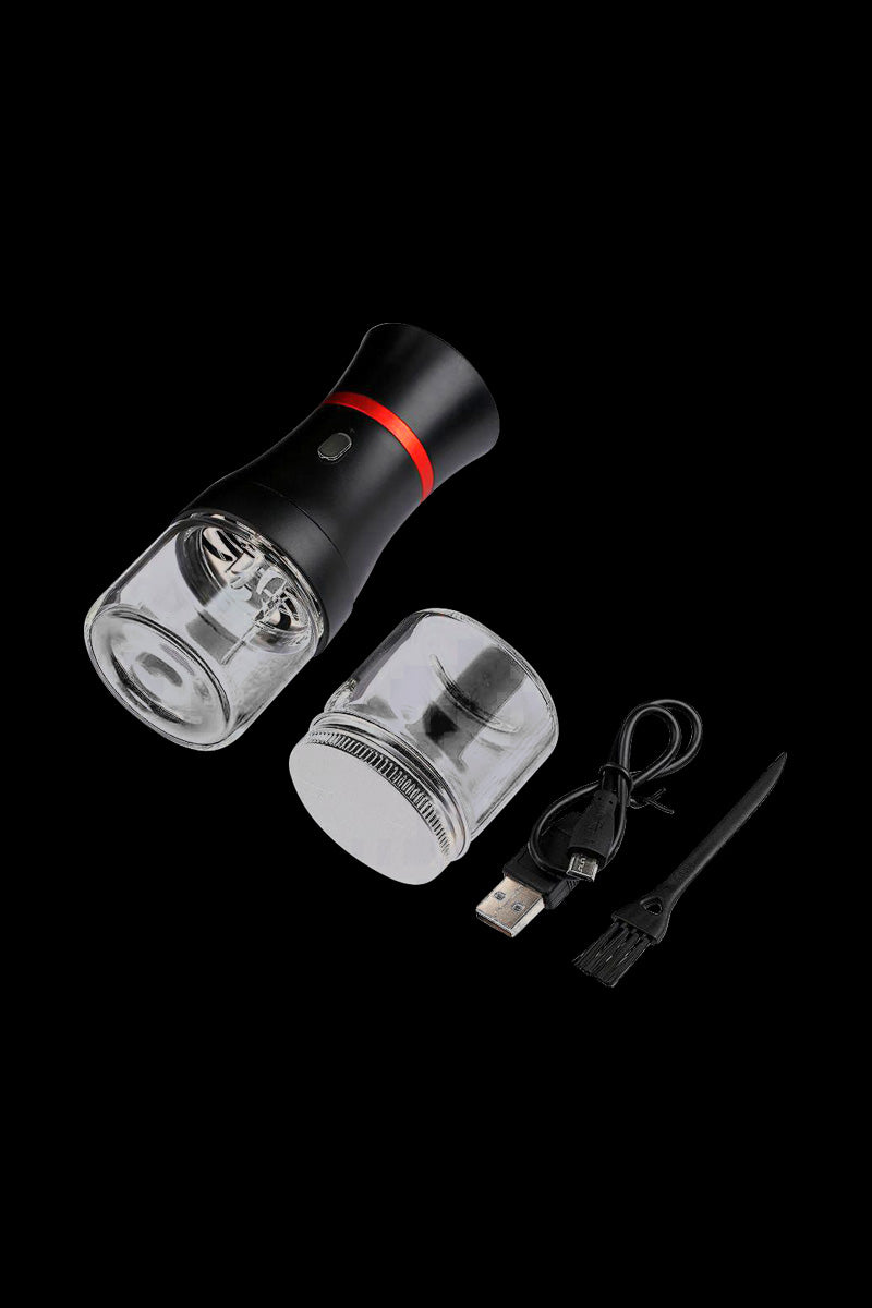 Front view of the Pulsar King Kut Electric Grinder, a sleek black device with a transparent grinding chamber and USB charging cable displayed beside it.