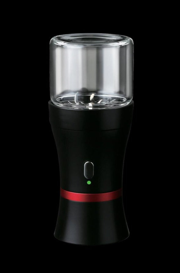 Front view of the Pulsar King Kut Electric Grinder, a black cylindrical device with a clear conical top.
