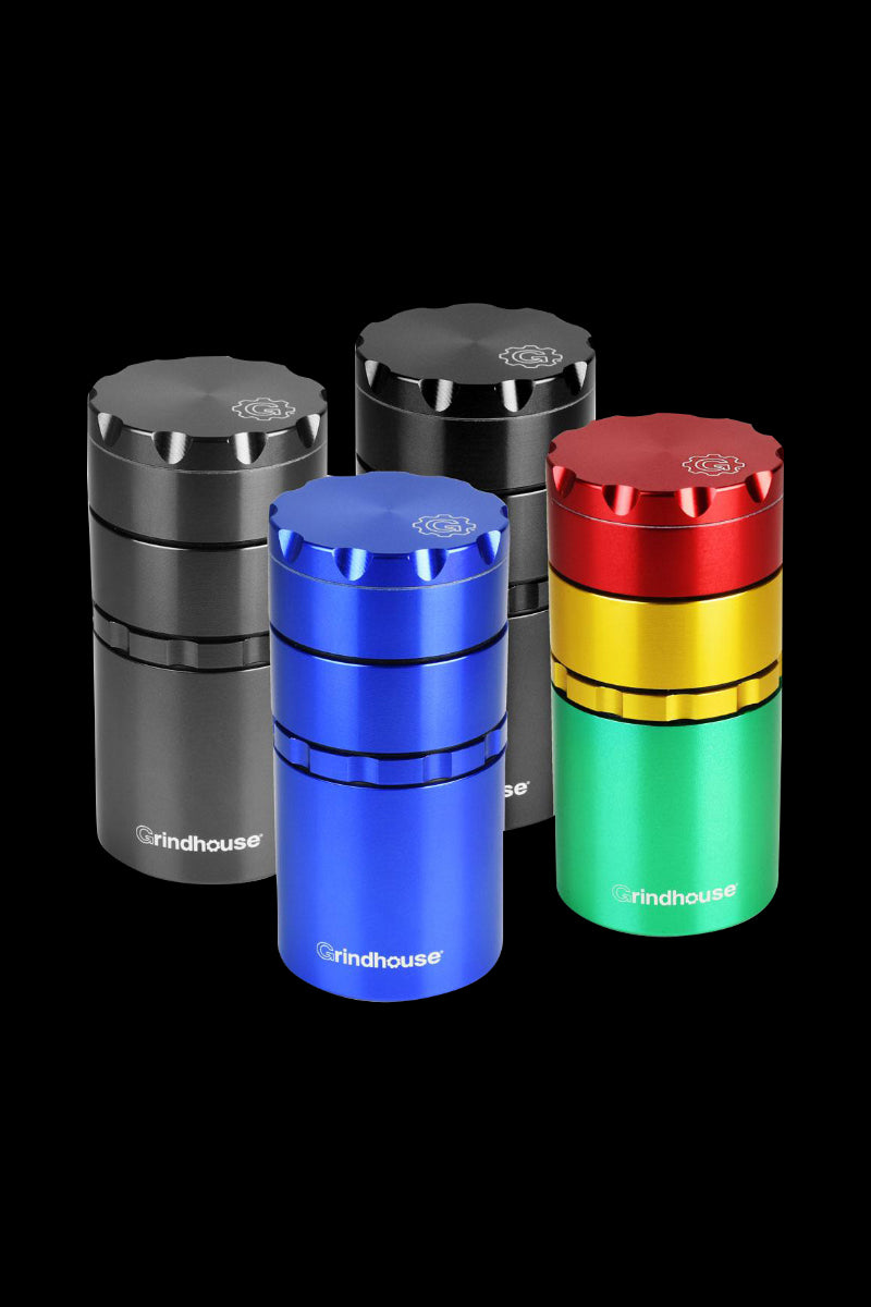 A studio shot displays the Pulsar Metal Storage and 4-Piece Grinder in various metallic colors arranged in a circular pattern.