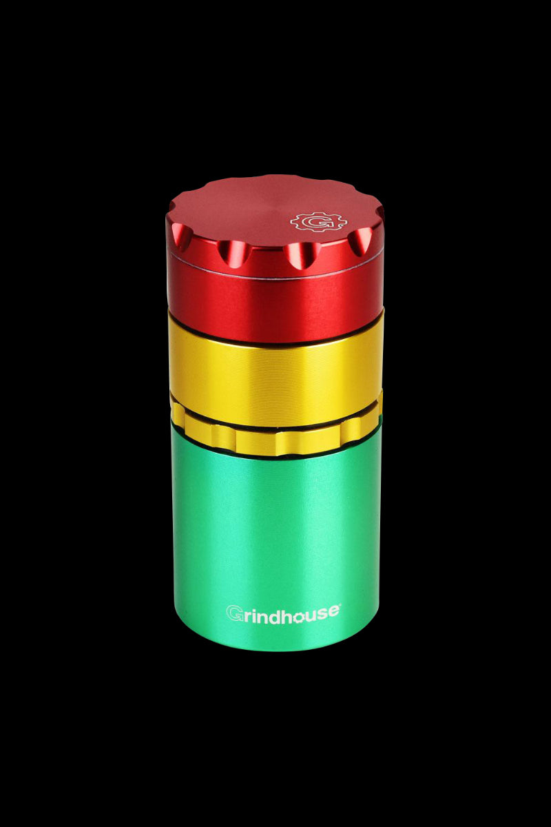 A centered, front view of the Pulsar Metal Storage and 4-Piece Grinder, showcasing its sleek, cylindrical metallic design.