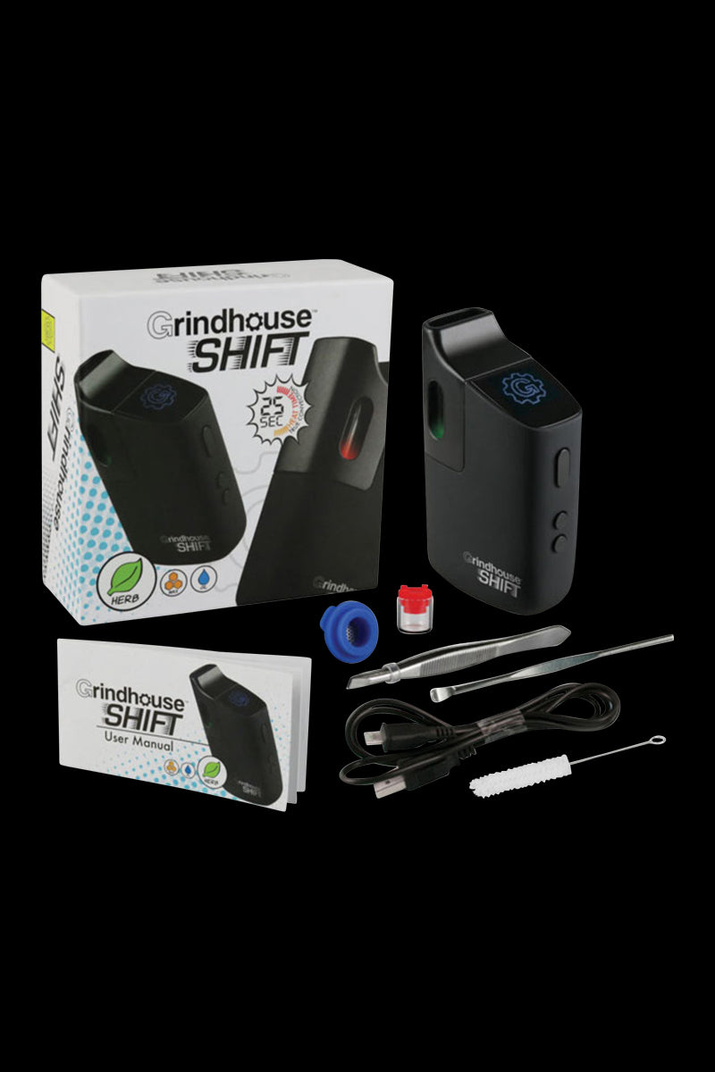 A front view of the Pulsar Shift Multi-Purpose Vaporizer on a black background, with its packaging partially visible.