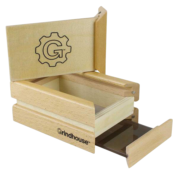 The Pulsar Small Drawer Style Sifter Box is pictured from a slight top angle, showcasing its wooden construction and open drawer.