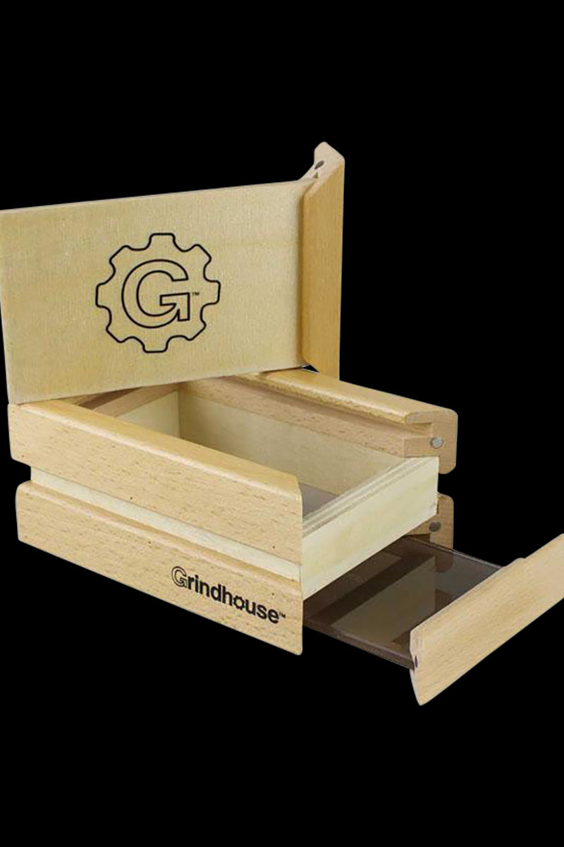 A slightly angled view of the Pulsar Small Drawer Style Sifter Box, showcasing its wooden construction and open drawer.