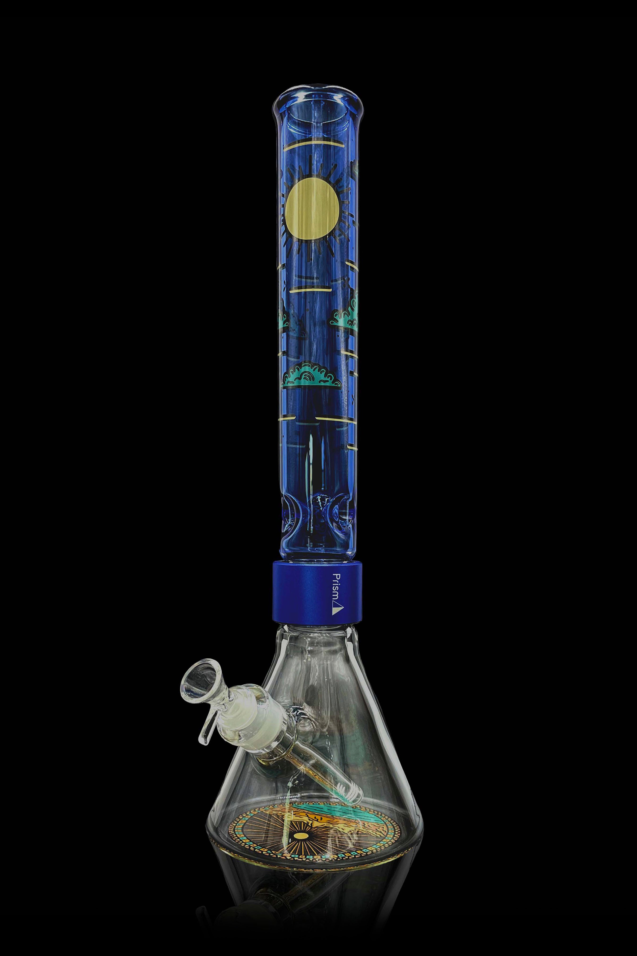 Blue glass bong with intricate designs and a clear glass mouthpiece, isolated on a black background.