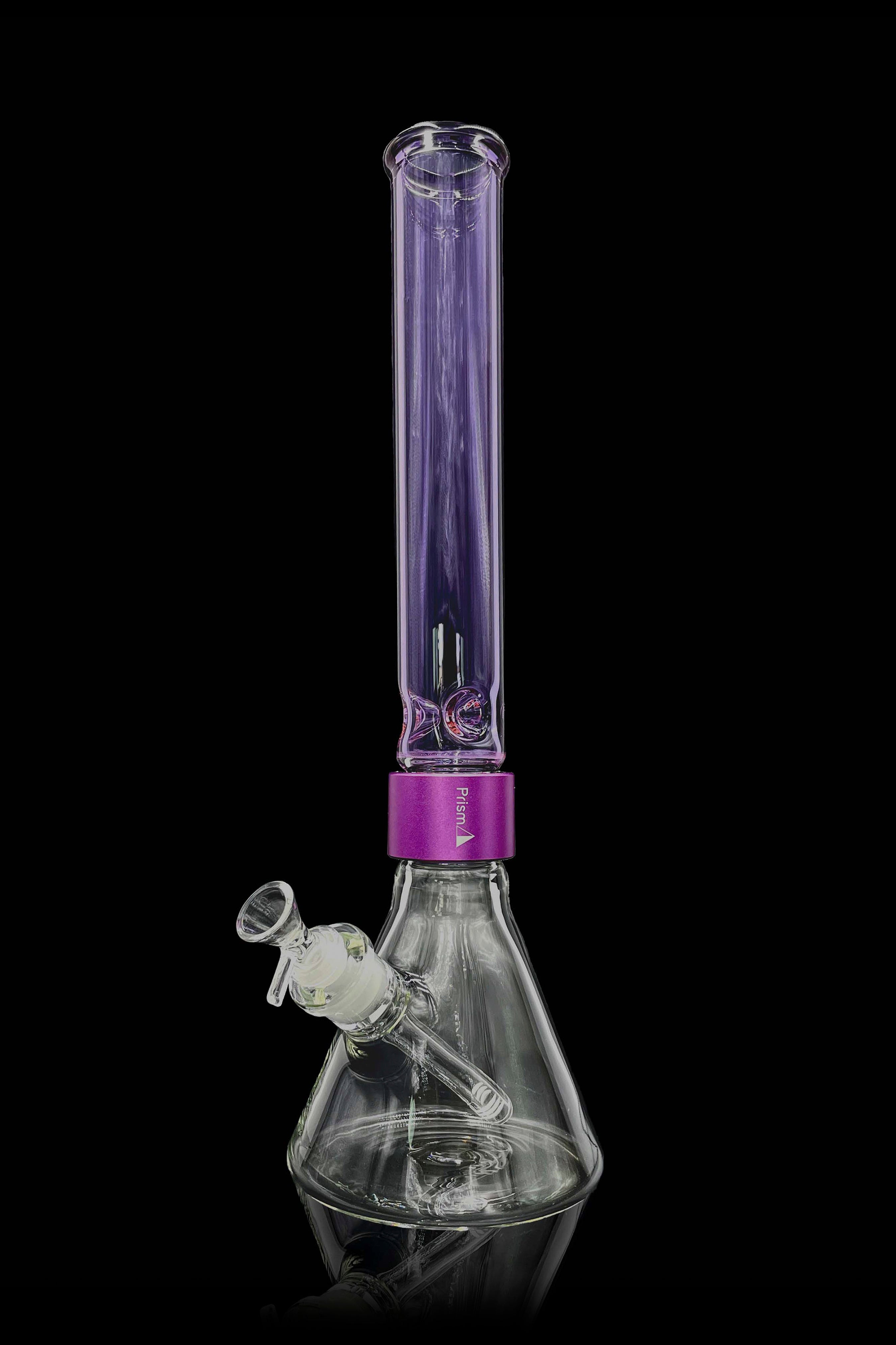Purple and clear glass bong against a black background.