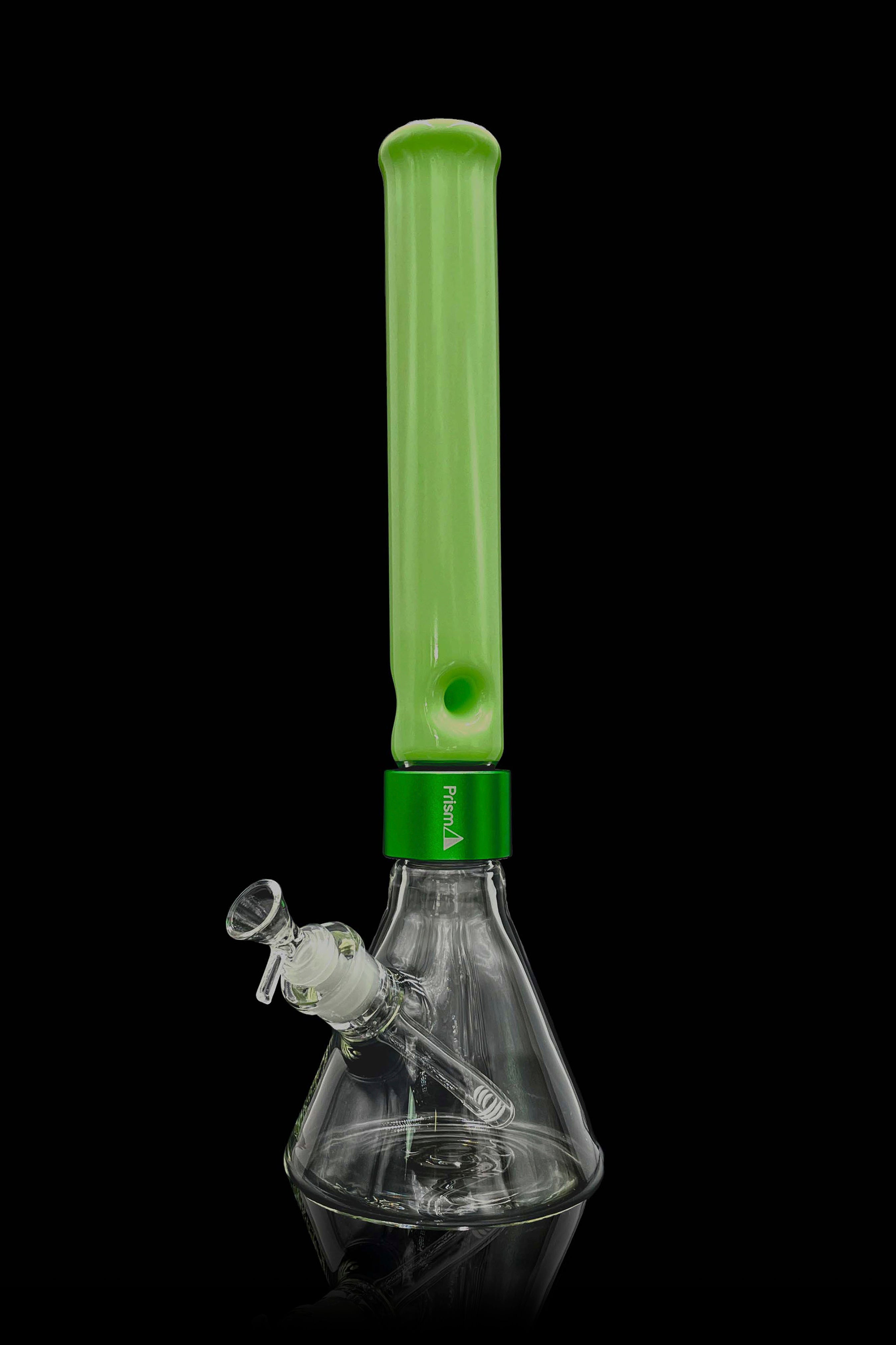 Green glass bong with water visible inside, against a black background.