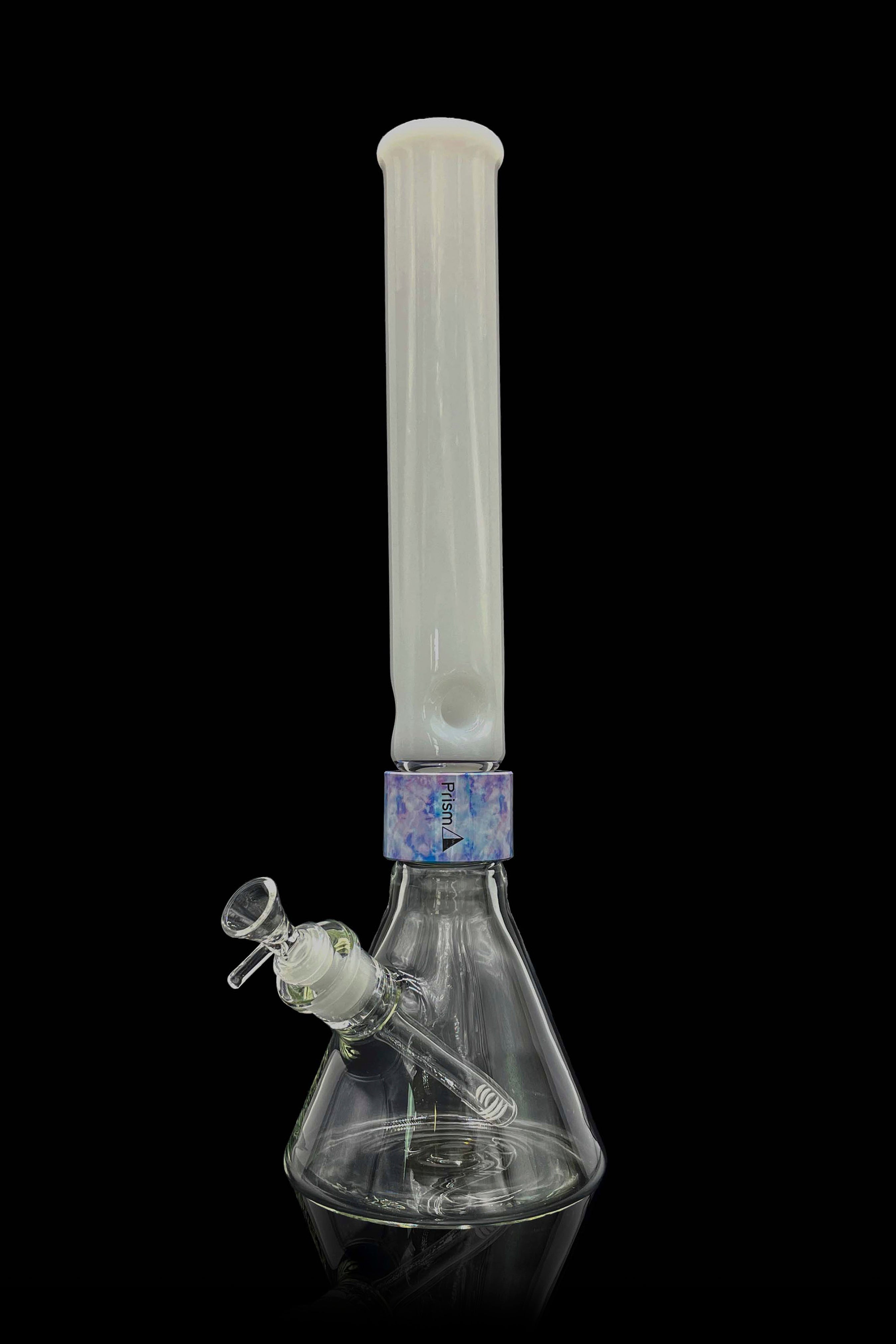 Glass bong with ice catcher and colorful branding.