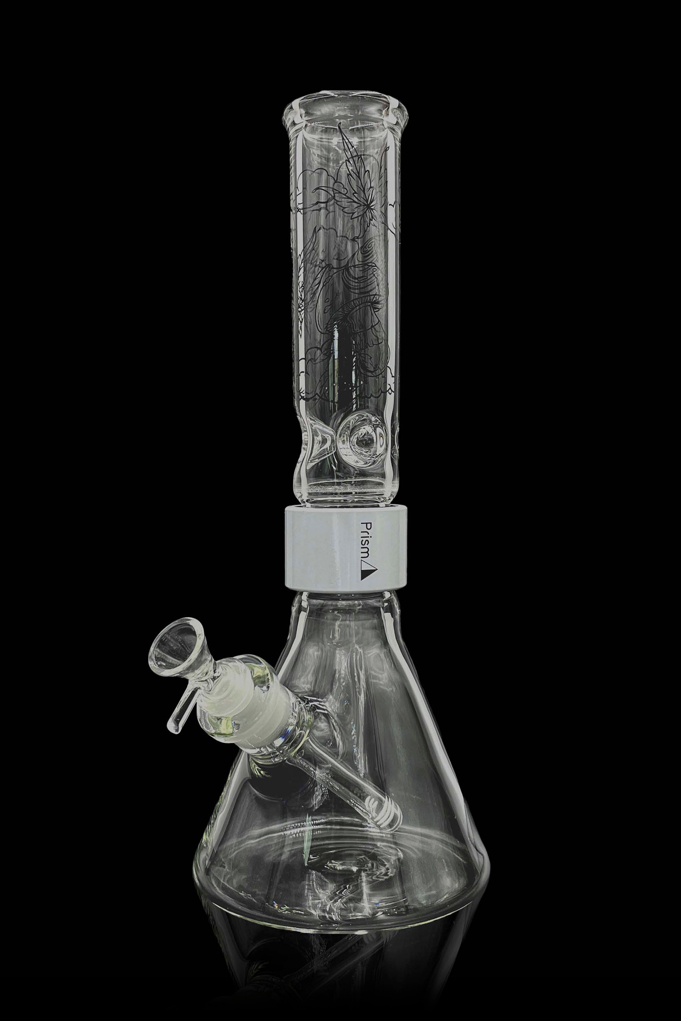 Glass bong with etched design and detachable downstem, isolated on black.