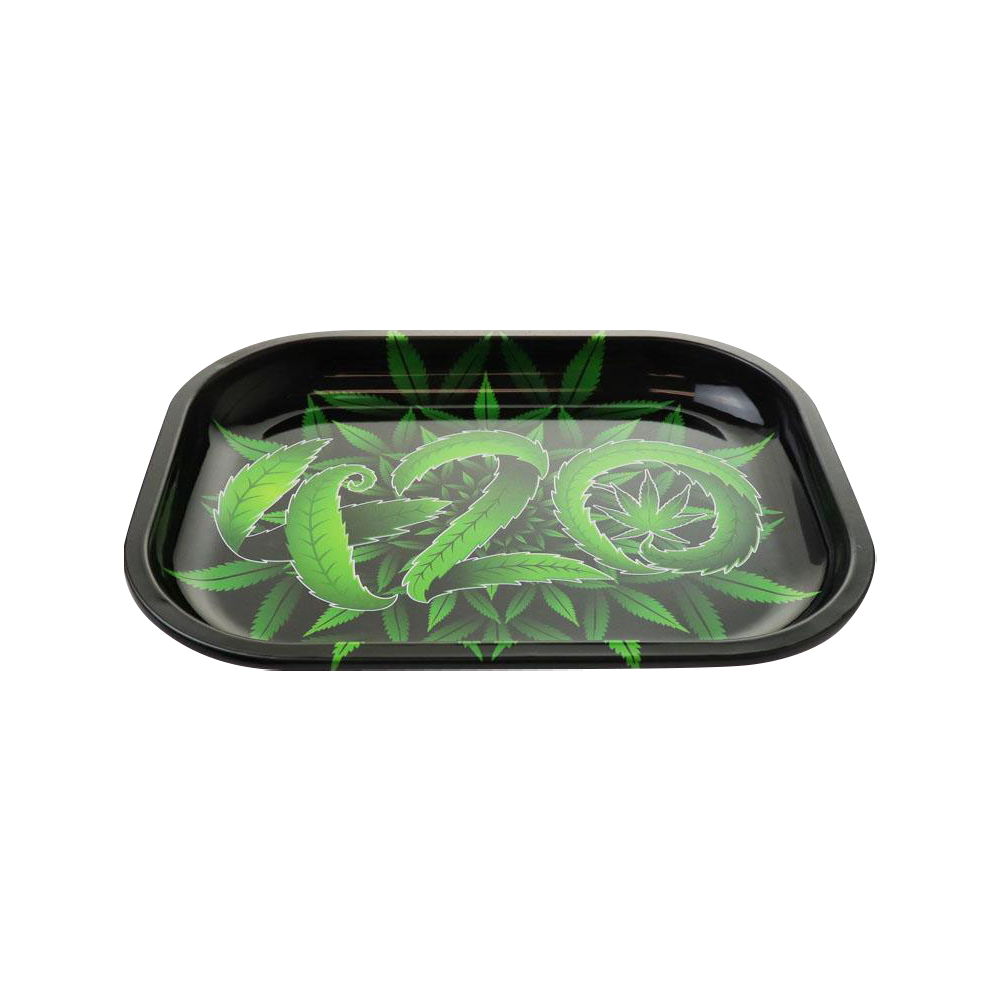 Overhead view of the Puff Puff Pass 420 Rolling Tray featuring a patterned design against a dark background.