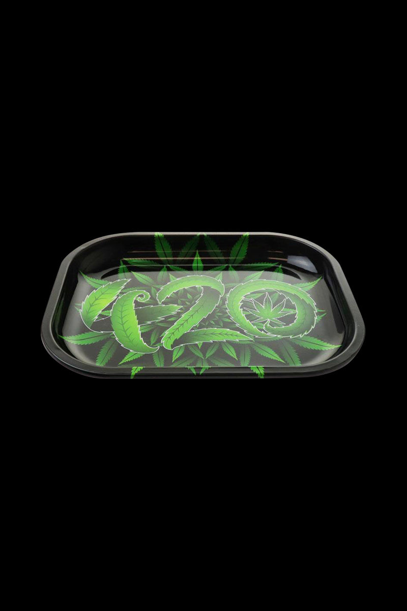 An overhead view of the Puff Puff Pass 420 Rolling Tray displaying bold graphics on a black surface.