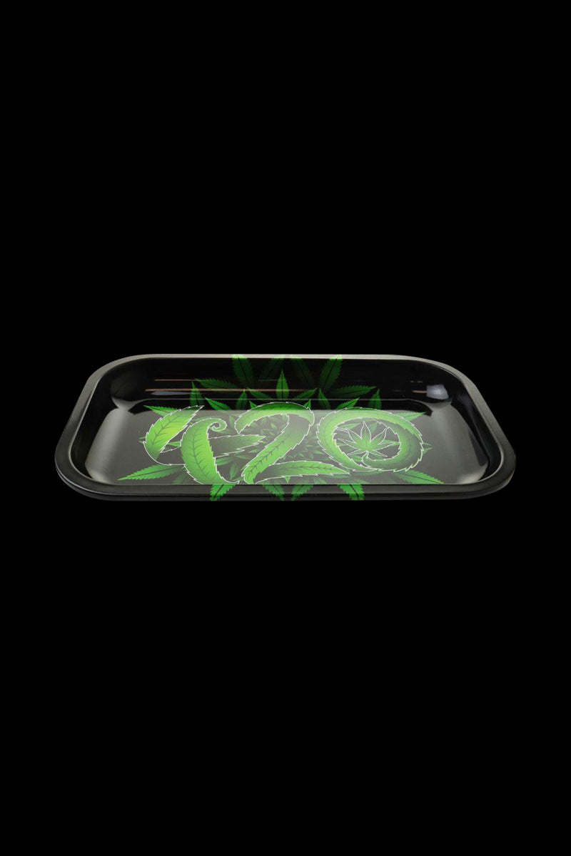 A top-down view of the Puff Puff Pass 420 Rolling Tray, featuring a black surface with white lettering.