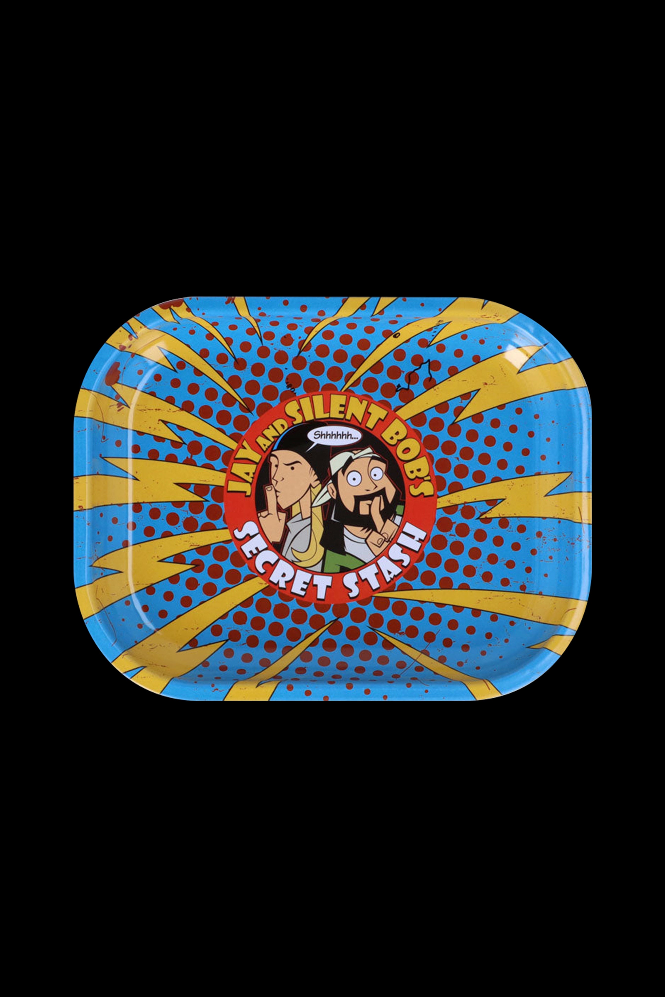 A colorful, square metal rolling tray featuring Jay and Silent Bob from the movie *Clerks*, labeled "Secret Stash".