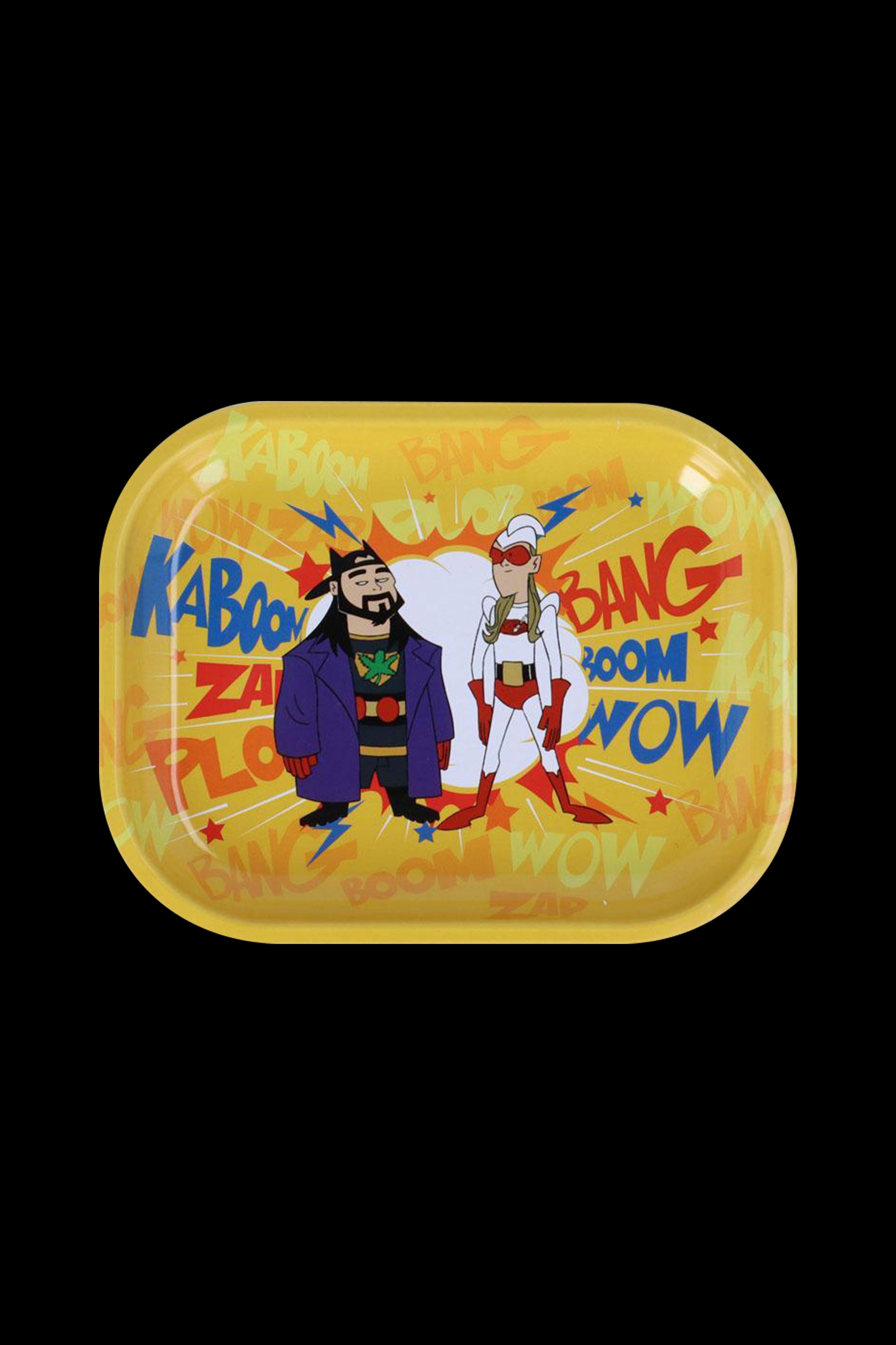 A yellow rolling tray featuring cartoon depictions of Samuel L. Jackson and Pedro Pascal with comic book-style onomatopoeia like ""Kaboom"" and ""Bang."""