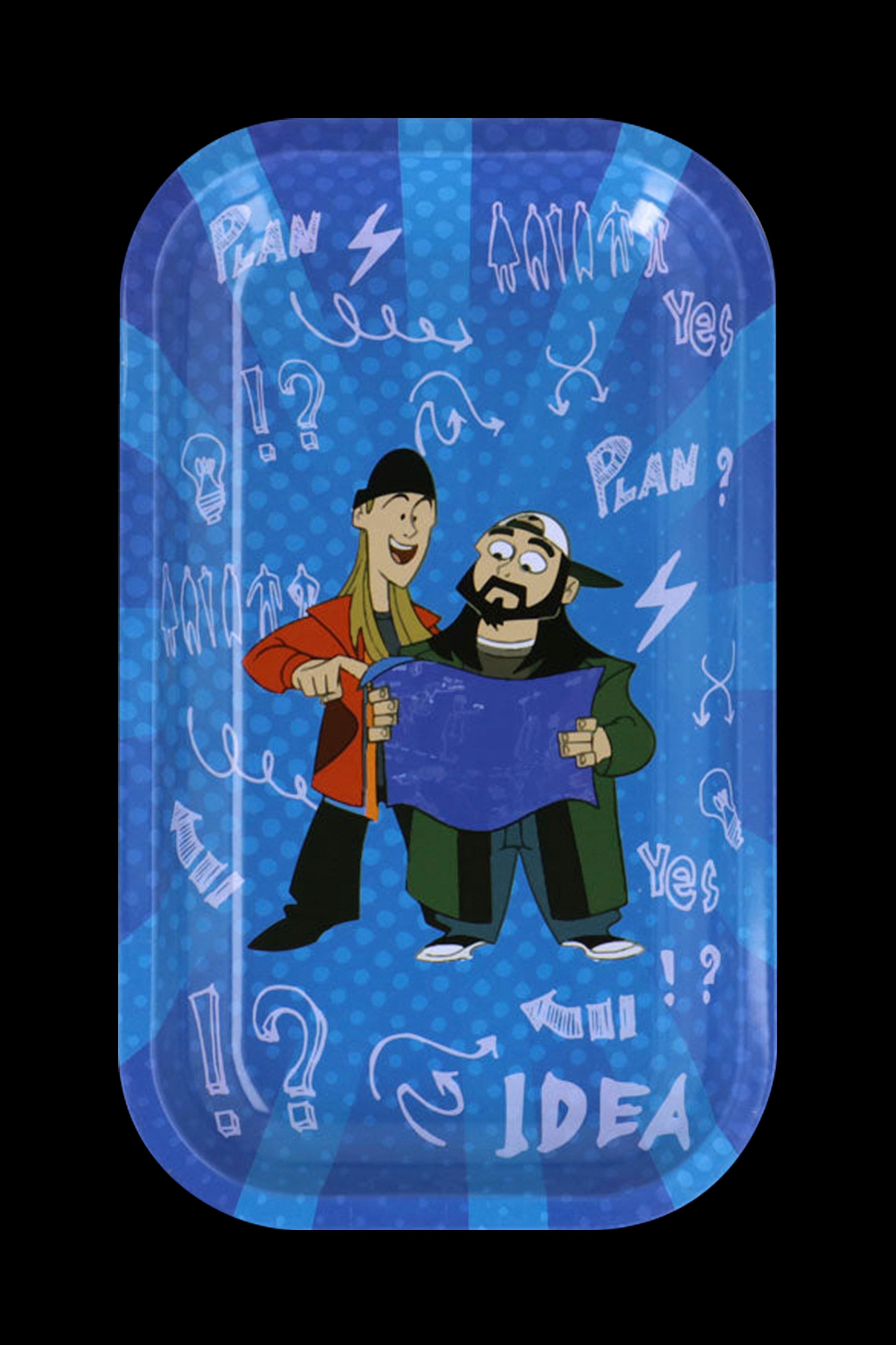 Cartoon rolling tray featuring two animated characters excitedly examining a blueprint, surrounded by scribbled "plan" and "idea" text with cannabis-related doodles.