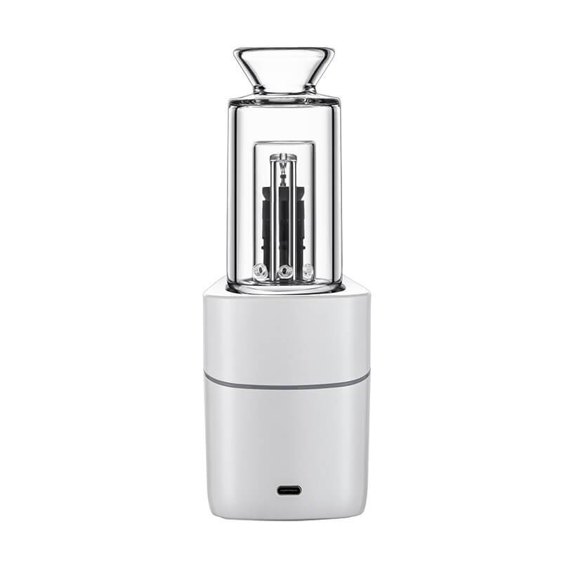Front-facing studio shot of the VLAB Halo V2 Smart E-Rig showing its clear glass chamber atop a white rectangular base against a white background