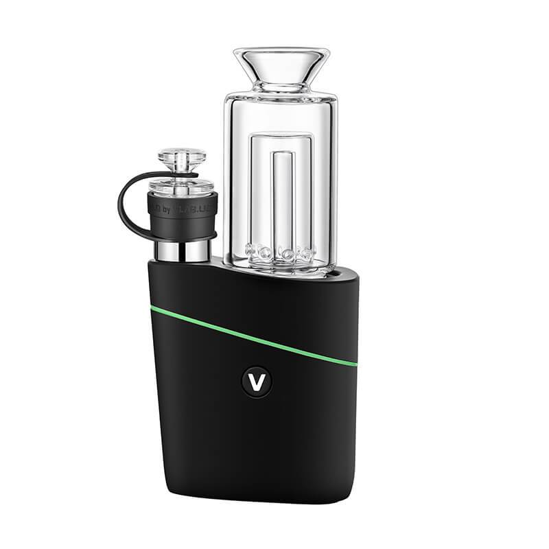 Front-facing view of the VLAB Halo V2 Smart E-Rig with a black matte body, diagonal green accent stripe, and clear glass water chamber.