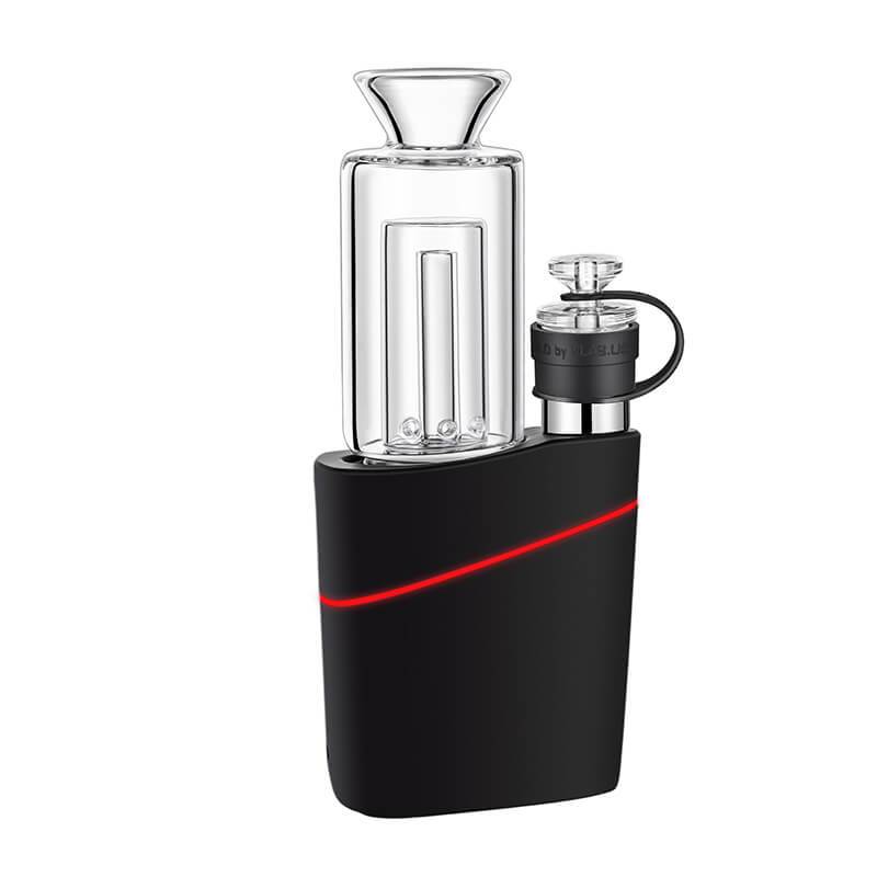 Angled front view of the black VLAB Halo V2 Smart E-Rig with a clear glass water chamber and a thin red LED stripe across the body