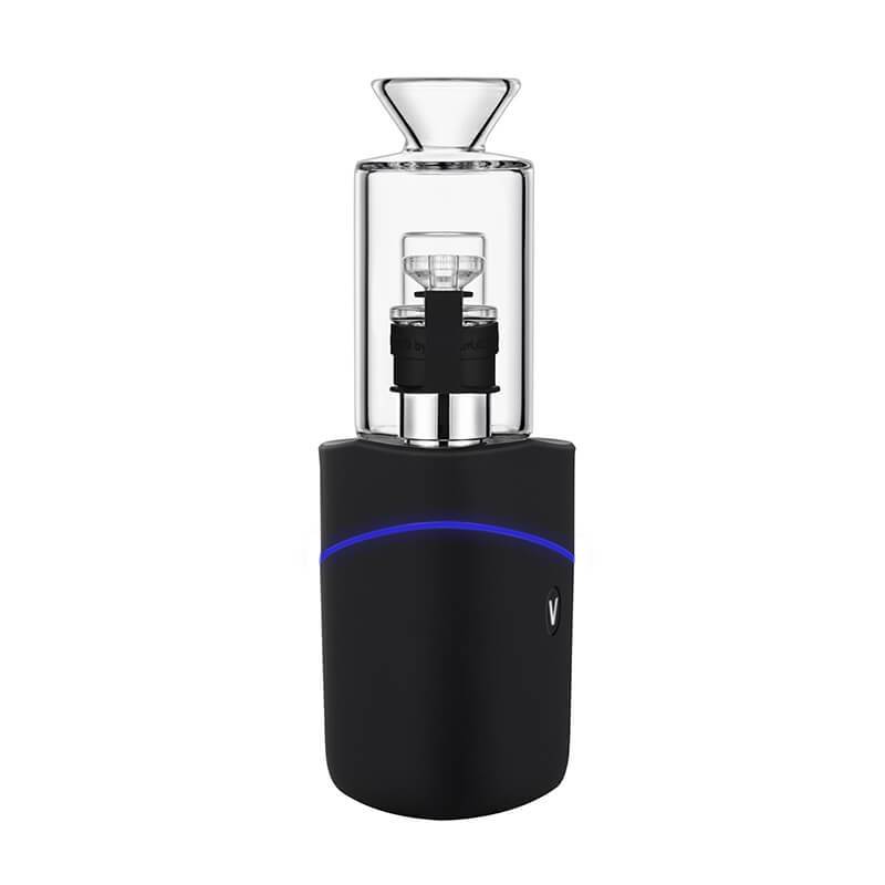 Centered front view of the VLAB Halo V2 Smart E-Rig showing its clear glass chamber atop a matte black base with a thin blue LED arc.