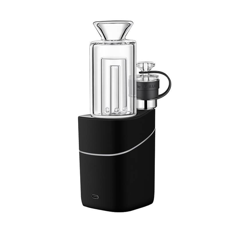 Front three-quarter view of the black VLAB Halo V2 Smart E-Rig with a clear glass water chamber and silver accent ring against a white background