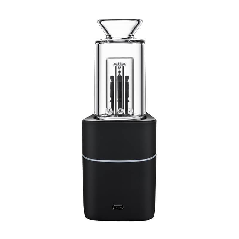Front-facing studio shot of the VLAB Halo V2 Smart E-Rig showing its clear glass top chamber and black rectangular base with a subtle LED ring.