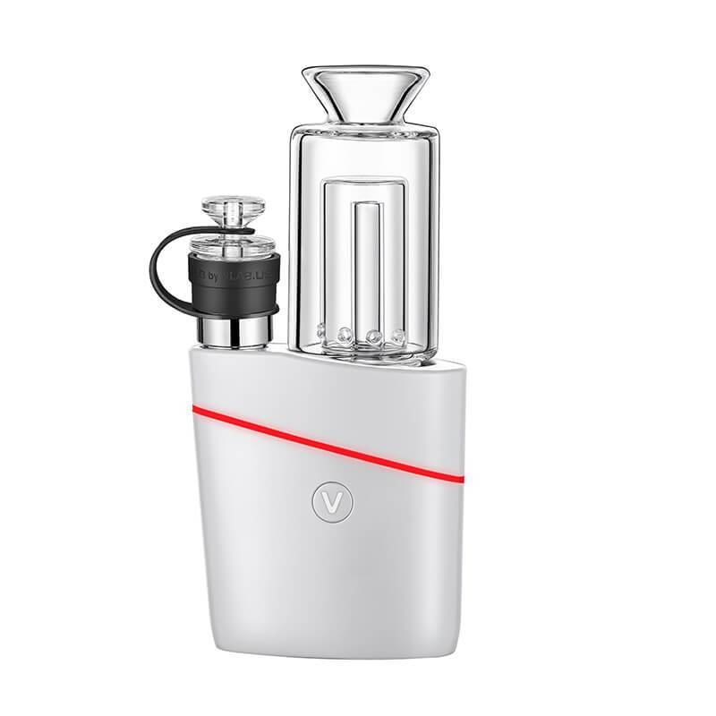 White VLAB Halo V2 Smart E-Rig shown front-on with a clear glass percolator and red LED accent band against a white background