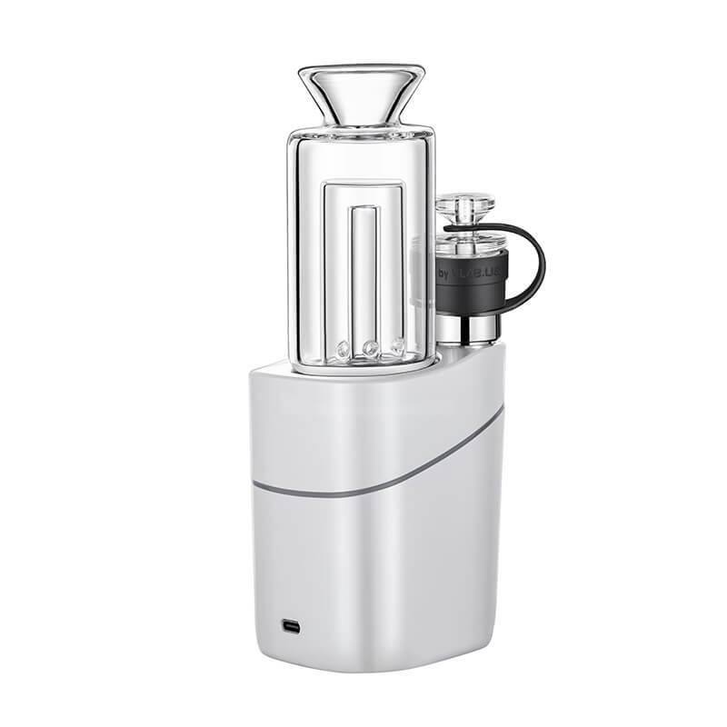 Angled front view of the white VLAB Halo V2 Smart E-Rig with a clear glass chamber and percolator sitting atop a compact rounded base.