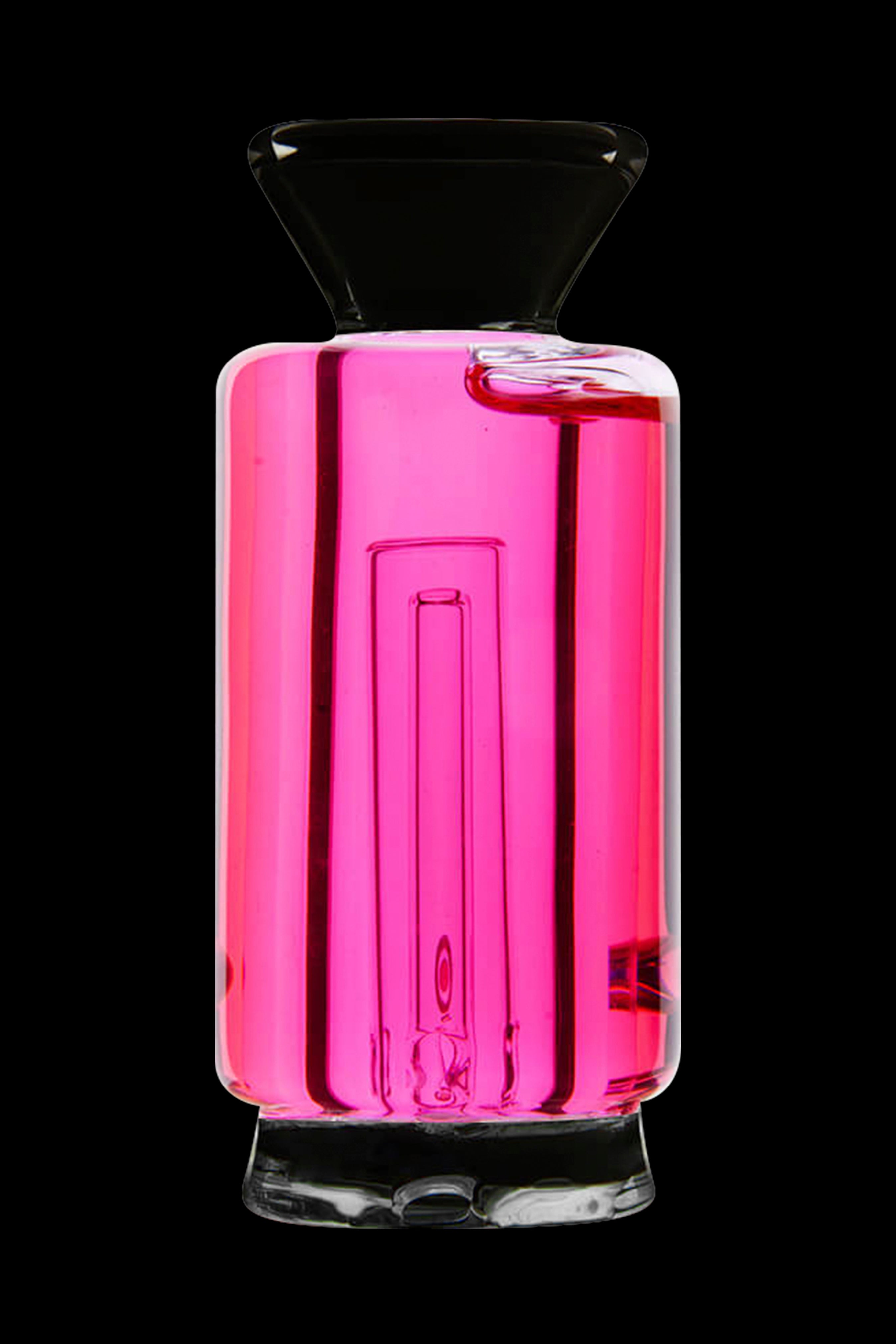 Pink glass water pipe with intricate internal design.