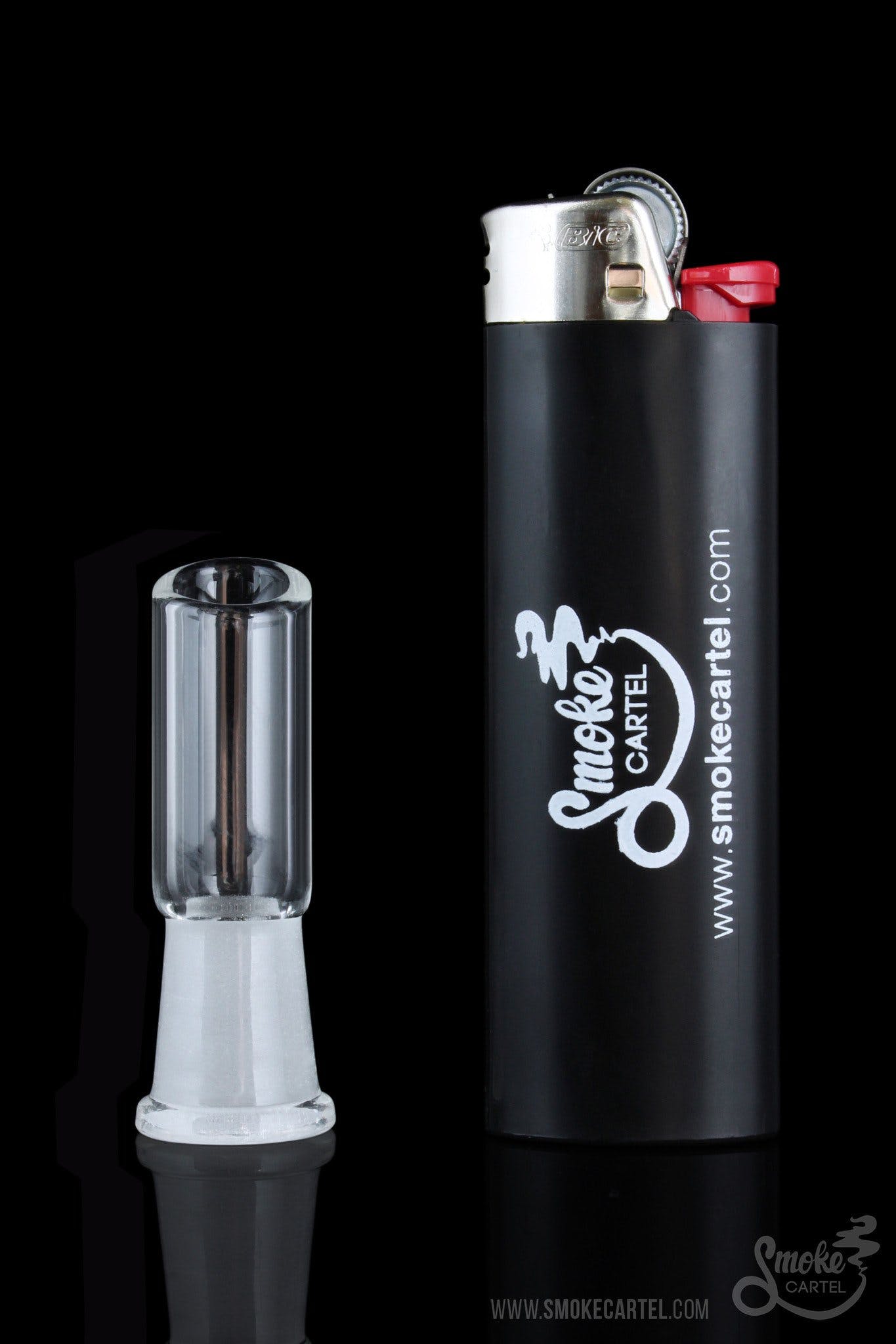 Angled Cut Vapor Dome displayed in a side view next to a lighter, showcasing its clear glass construction.