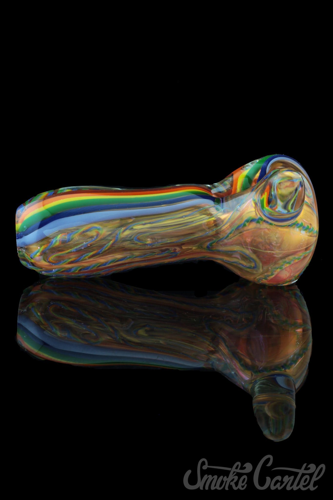 A side view of the Heavy Cane Worked Rainbow Spoon - Rainbow Mega Pipe, featuring vibrant rainbow swirls in the glass.